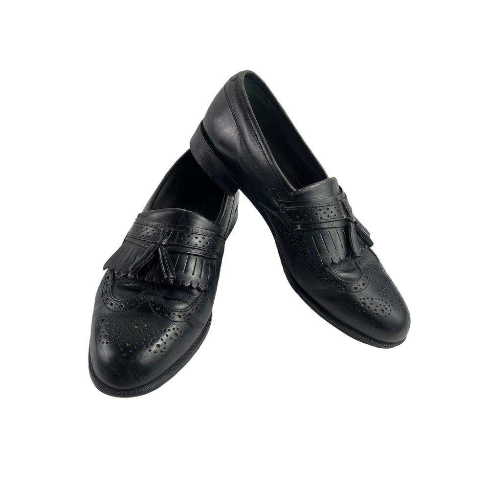 Oakton Classics Wingtip Brogue Loafers Men 9.5 Shoes Black Leather Kiltie Tassel